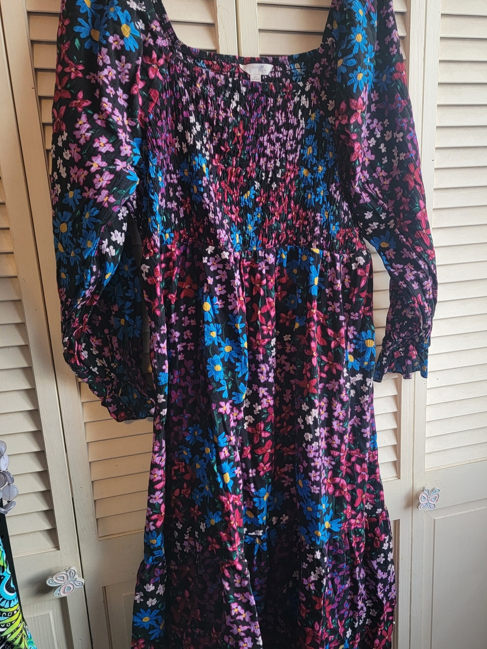 Terra & Sky Black Floral Smocked Midi with Pink and Purple Blooms